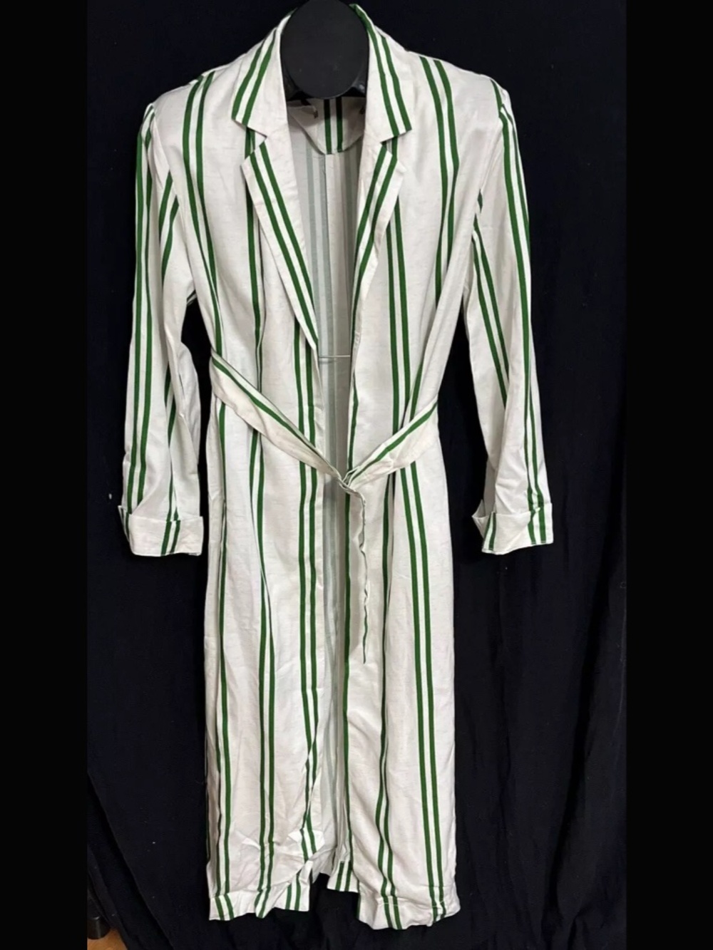 TOPSHOP Size 6 White and Green Striped Belted Duster Long Jacket Viscose